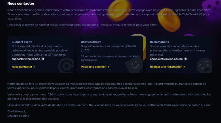 Wino Casino support client